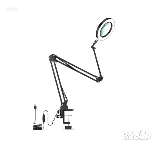 Настолна лупа с LED осветление, 5x увеличение, 10 нива на яркост, черна, комплект фиксирани щипки, снимка 5 - Друга електроника - 55553687