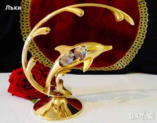 Позлатена фигура Делфин,24 k Gold Plated,австрийски кристали. , снимка 4 - Статуетки - 54988293
