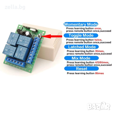 4-канален релеен модул с дистанционно управление 12V 433MHz – комплект с 2 дистанционни 10273, снимка 7 - Друга електроника - 54662156