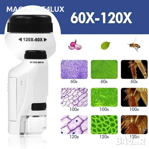 Преносим микроскоп с LED светлина, 60x-120x увеличение и стойка за смартфон, снимка 5 - Други - 53958771