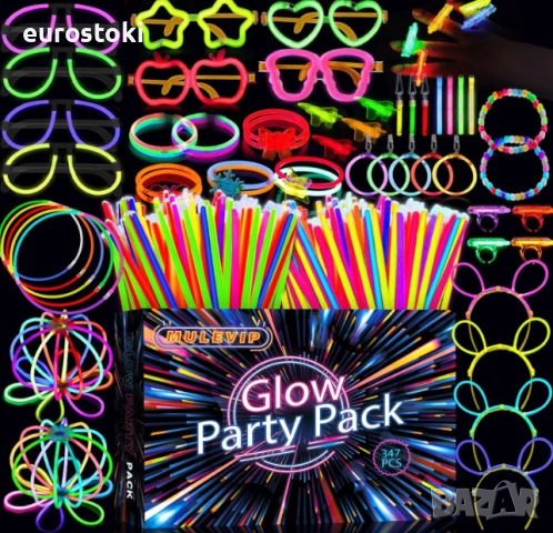 Парти комплект неонови пръчки MULEVIP Glow Party, 347 части, фосфоресциращи пръчки с конектори 