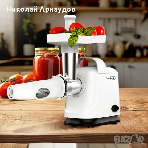 Месомелачка с приставка за домати Rosberg R51991E, 800W, Функция обратен ход, Бял, снимка 6 - Месомелачки - 55695013