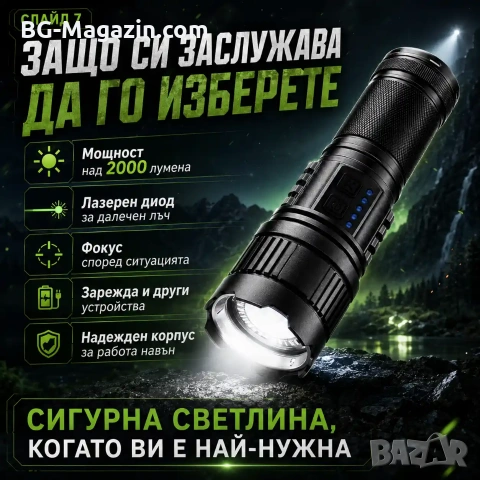 Мощен ръчен фенер прожектор LED лазерен диод презареждащ се USB Power Bank за лов риболов къмпинг, снимка 7 - Къмпинг осветление - 51017212