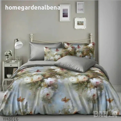 Луксозно спално бельо памучен сатен флорални десени 4 части двоен комплект с ластик