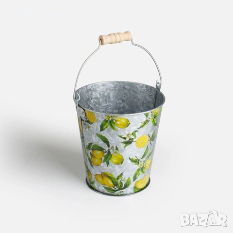 Кашпа с лимони -14 x 10 см. метална, с дръжка, снимка 2 - Саксии и кашпи - 54229634