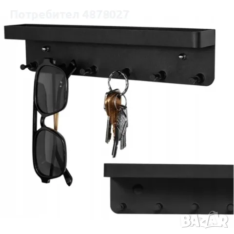 Стенна метална закачалка с рафт за ключове – 6 куки за дрехи и аксесоари, 24,3×5,7×4,1 см, снимка 2 - Закачалки - 55336728