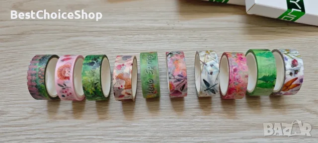 Washi комплект от 10 ролки самозалепващи пролетни ленти с цветя, декоративни маскиращи ленти, снимка 3 - Други - 55354844