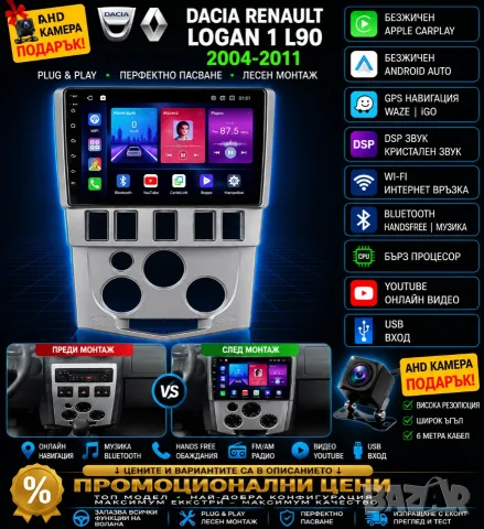 Мултимедия за Dacia Logan 1 L90, Logan, 04-10, Навигация, Android, Renault, DACIA, CARPLAY, WAZE