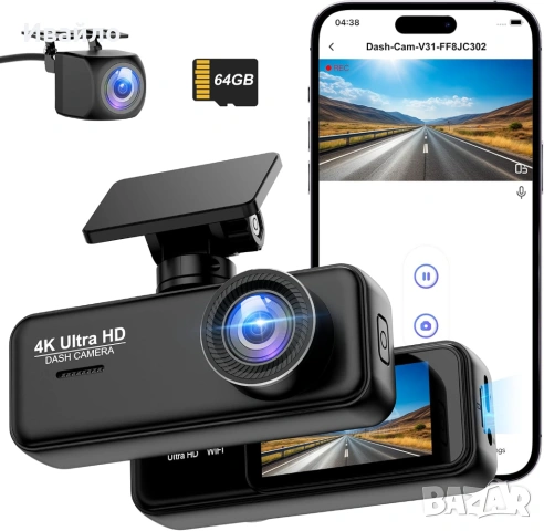 Видео Регистратор, Предна и Задна Камери 4K + 1080P