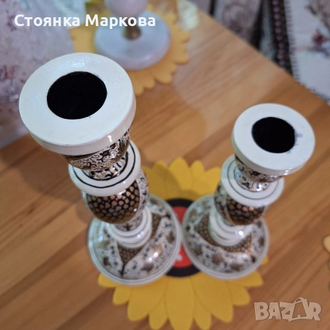 Два дървени свещника в бежово и златно, снимка 5 - Декорация за дома - 54774633