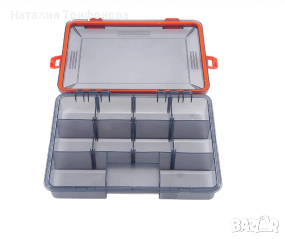 Сива кутия за рибарски принадлежности с оранжева закопчалка, m-k29