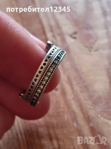 Оригинален сребърен пръстен Pandora Signature Logo Pavé & Beads – размер 50, снимка 6 - Пръстени - 55603096