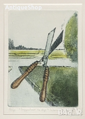 Стара картина, суха игла, литография, офорт, графика, подписана. Warner Hemstede, снимка 2 - Картини - 55280719