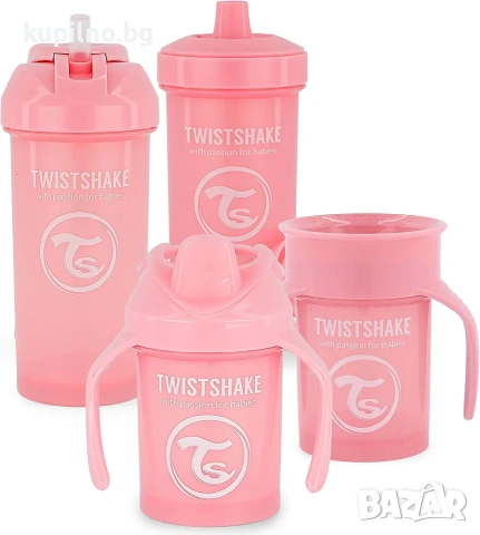 Комплект от 4 розови бебешки чаши Twistshake с капачки и дръжки