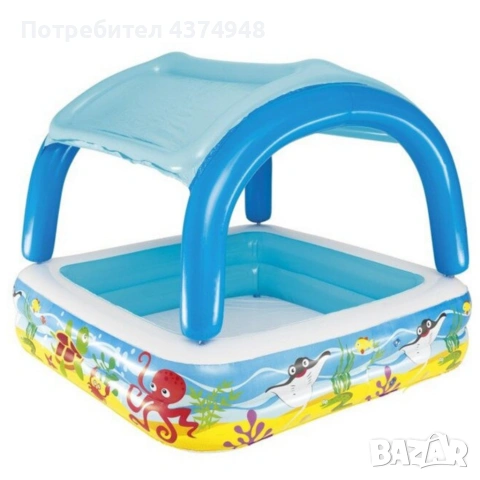 Надуваем детски басейн с подвижен сенник – Защита от слънце, 140 x 140 x 114 см, 265 л, снимка 2 - Други стоки за дома - 55013024