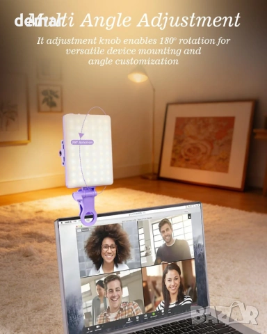 60 LED преносима селфи лампа с щипка и адаптер за статив, 2000mAh CRI 97+, лилава, снимка 5 - Селфи стикове, аксесоари - 54054542