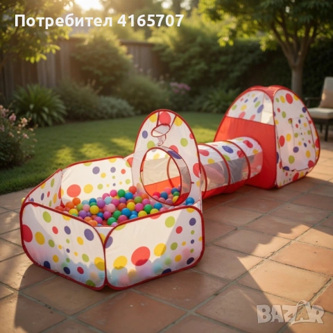 Детска палатка 3в1 с тунел и басейн за топки, Червена, 270 см, снимка 7 - Други - 54544746