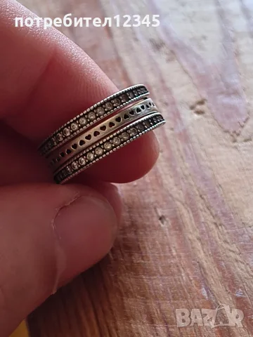 Оригинален сребърен пръстен Pandora Signature Logo Pavé & Beads – размер 50, снимка 5 - Пръстени - 55603096