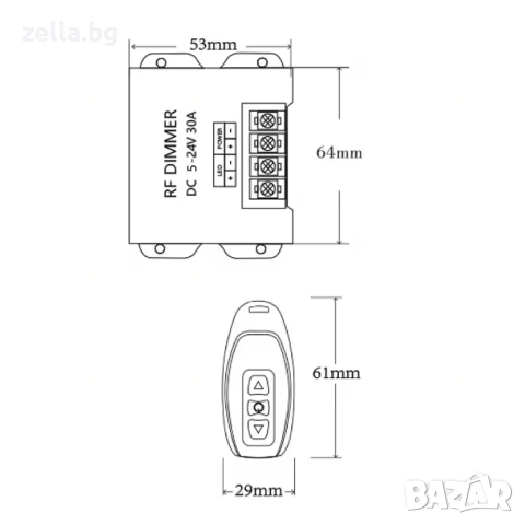 LED димер за едноцветни ленти 5V 12V 24V 30A с RF дистанционно – PWM контролер до 720W 10400, снимка 4 - Друга електроника - 54692085