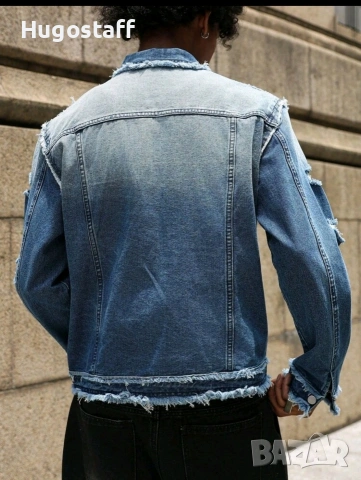 Ново мъжко карго дънково яке риза Street Style накъсан вид овърсайз изтъркано деним памук ХЛ, снимка 2 - Якета - 54843667