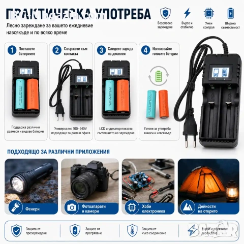 Универсално зарядно устройство за литиеви батерии 18650 16340 14500 26650 3.7V бързо зареждане, снимка 6 - Друга електроника - 51041436