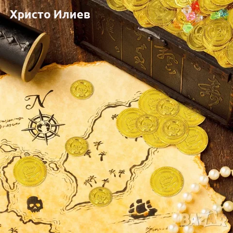 Пиратско съкровище комплект монети камъни и торбичка, снимка 7 - Други - 55310256