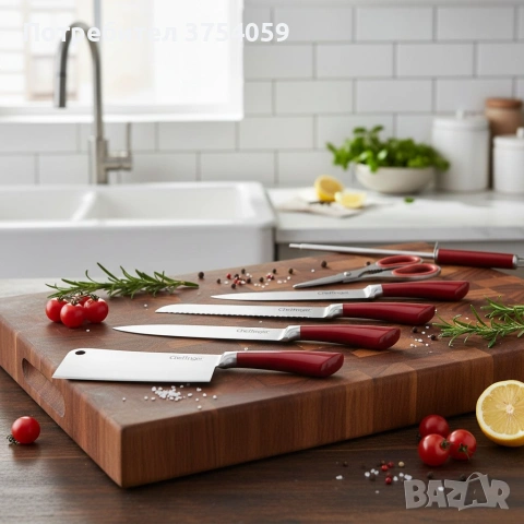 Комплект ножове 8 части със стойка Cheffinger – неръждаема стомана, въртяща се акрилна поставка 360°, снимка 2 - Прибори за хранене, готвене и сервиране - 55182801