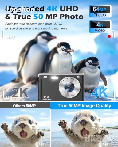 Чисто нов 4K 50MP фотоапарат за влогове – Автофокус, 32GB карта, 2 батерии, черен, сив или розов  , снимка 2 - Фотоапарати - 54620628