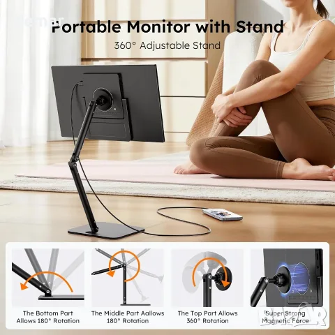 Преносим монитор 15.6" 1080P с регулируема стойка, USB-C/HDMI, снимка 7 - Монитори - 55661477