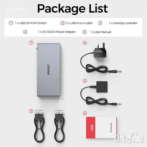 iNTEK USB DP KVM суич 2-в-1, с USB 3.0 разпределение и превключване за 2 компютъра към 1 монитор, снимка 3 - Суичове - 55672554