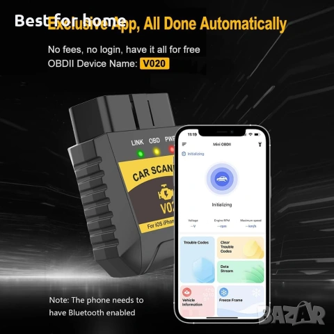 OBD2 скенер Bluetooth за iPhone iOS Android OBDII диагностичен инструмент за сканиране , снимка 2 - Други инструменти - 54981178
