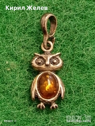 Сребърен медальон във формата на Бухал 🦉 с кехлибар много красив 53149, снимка 3 - Колиета, медальони, синджири - 54530349