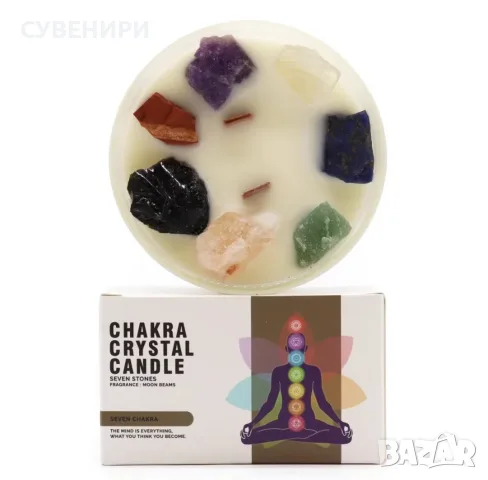 Кристална свещ за чакри. Изработена от истински скъпоценни камъни, изцяло натурален соев восък