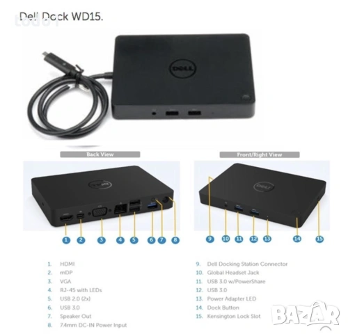 Докинг-станция Dell Dock WD15, USB-C, зарядно 180W, снимка 6 - Лаптоп аксесоари - 54266164