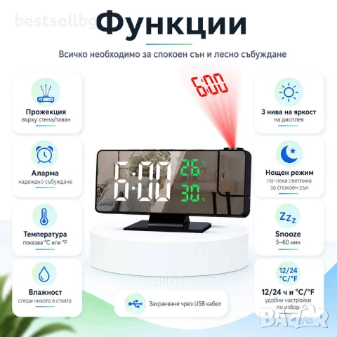 Постоянно светещ дигитален часовник настолен проеткор проекция на стена, снимка 2 - Други - 43423247
