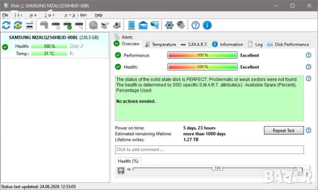 Почти нов Samsung M.2 NVMe SSD диск 256GB на 5 дни работа!, снимка 2 - Твърди дискове - 55617169