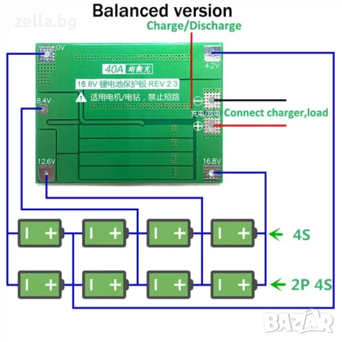 BMS 4S 40A модул за защита и баланс на Li-Ion 18650 батерии 14.8V за винтоверти и дронове 10060, снимка 6 - Друга електроника - 54656873