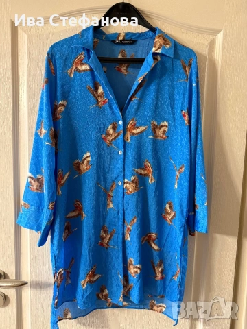 Wow нова синя на птици дълга елегантна риза zara Zara Зара , снимка 3 - Ризи - 54149477