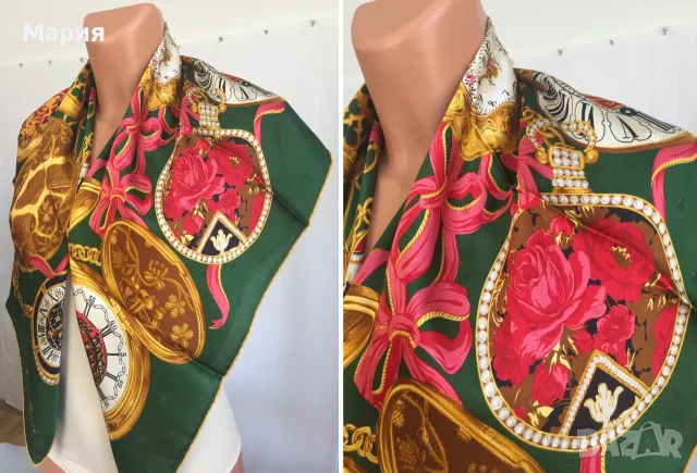 Nina Ricci Голям Дамски Шал от 100% Коприна Оригинален Нина Ричи Зелен Цветя Парфюми, снимка 12 - Шалове - 55645624