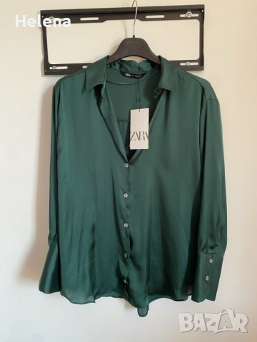 Ново Сатенена изумрудено зелена риза Zara / Дамска блуза Зара размер М, снимка 6 - Ризи - 55554471