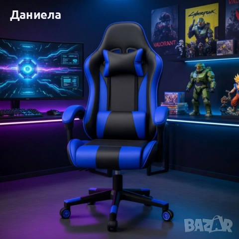 Ергономичен офис и геймърски син стол – Максимален комфорт за гърба и врата, регулируем