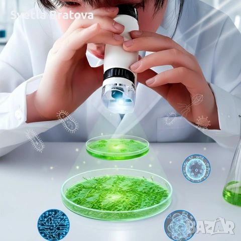 Детски преносим микроскоп с LED светлина, 60x-120x увеличение и стойка за смартфон, снимка 3 - Други - 54003271