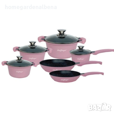 Комплект съдове за готвене Cheffinger 10 части мраморно покритие тенджери тигани, снимка 6 - Съдове за готвене - 54165498