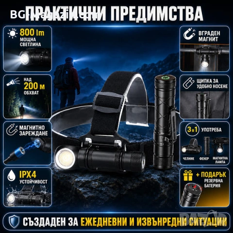 Акумулаторен LED челник за глава фенер и къмпинг лампа с магнит риболов туризъм палатка планинарство, снимка 6 - Къмпинг осветление - 50938353