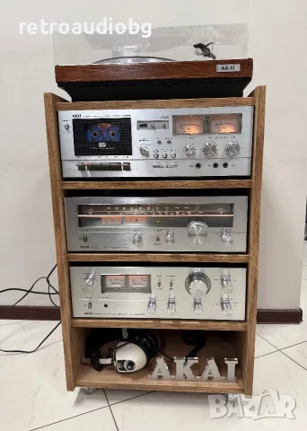🔊Топ ретро аудио сет AKAI Усилвател AM-2450, Тунер AT-2450L, Дек GXC-209D, Грамофон AP-100C + шкаф