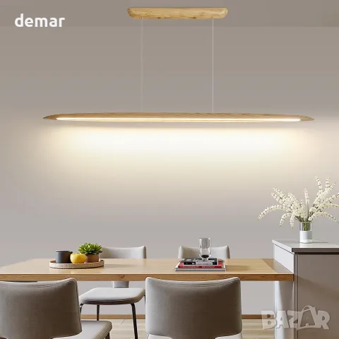 LED дървена висяща лампа/полилей 130 см с дистанционно управление димируемо осветление за трапезария, снимка 3 - Полилеи - 55492360