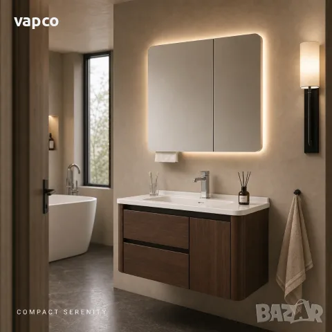 Луксозен шкаф за баня от масивно дърво 2801 (Walnut Balance) със заоблен дизайн и смарт огледало, снимка 10 - Шкафове - 55480754