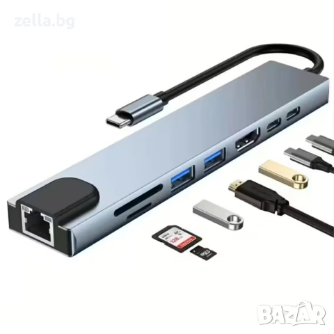 USB-C хъб 8 в 1, HDMI 4K 30Hz, RJ45 100Mbps, PD 87W, USB 3.0 за MacBook, Dell, Lenovo 10305