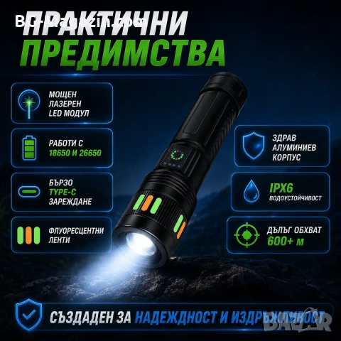 Мощен акумулаторен лазерен LED фенер далекобоен тактически ръчен прожектор водоустойчив USB къмпинг, снимка 3 - Къмпинг осветление - 51178874