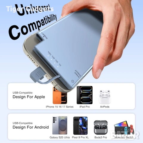 Auskang Ultra Slim Power Bank 5000mAh с вграден USB-C кабел, син, снимка 3 - Друга електроника - 54929226